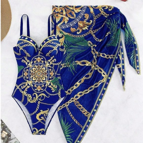 Contemporary Push Up One Piece Chain Print Swimsuit With Beach Skirt - Picture 2 of 7